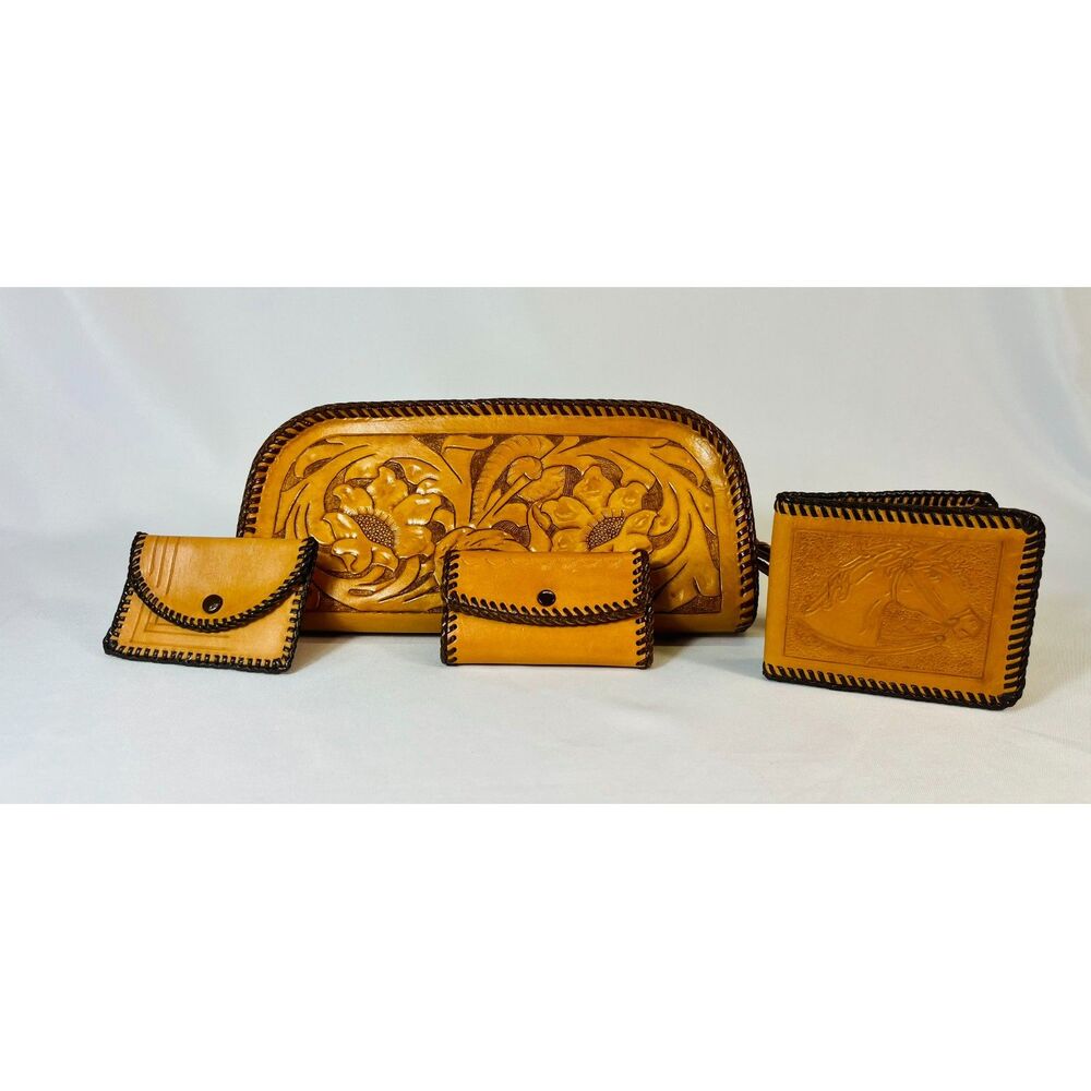 Vintage Hand Tooled 1950s/1960s Floral Leather Clutch Wallet Accessories